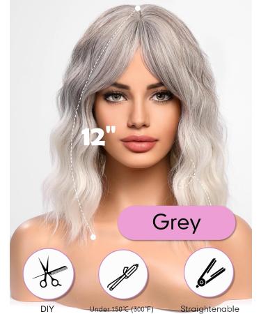 Wokestar Bob Curly Wig with Fringe 12 inch Grey - Short Synthetic Wavy Wig for Women - Buy Online on GoSupps.com