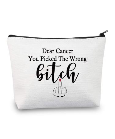 PXTIDY Breast Cancer Cosmetic Bag Gift for Warrior Dear Cancer You Picked The Wrong Bitch White M