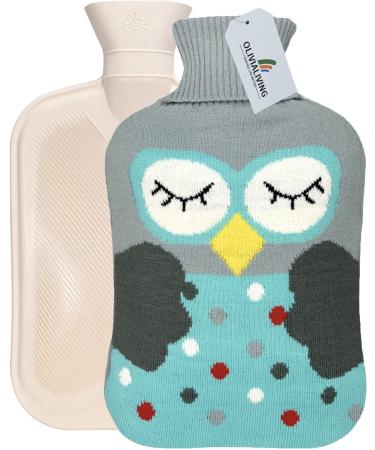 Olivialiving hot bottle 2 liters hot water bottle for heating and cooling with a knitting cover for pain relief heat cold therapy cartoon owl (blue) - Buy Online on GoSupps.com