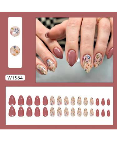 Buy Short Press on Nails - Almond Brown Flower Designs | Extra Short Ombre Fake Nails for Women | Glossy Stick-On Acrylic Nails Kit - Buy Online on GoSupps.com