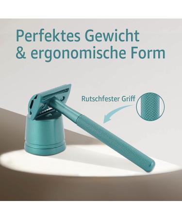 Anymale Plastic-Free Razor Plane Azure Edition - Eco-Friendly Wet Razor Set for Men & Women with Stand & 5 Astra Blades - Emerald Green - Buy Online on GoSupps.com