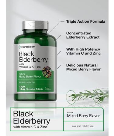 Elderberry Zinc Vitamin C Chewable Tablets | 120 Count Immune Support Complex | Vegetarian Non-GMO Gluten Free - Buy Online on GoSupps.com