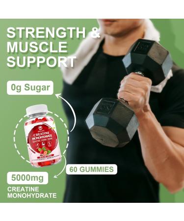 Buy Sugar-Free Creatine Monohydrate Gummies - Vegan Muscle Builder & Energy Boost - 60 Count Strawberry Chewables for Men & Women - Buy Online on GoSupps.com