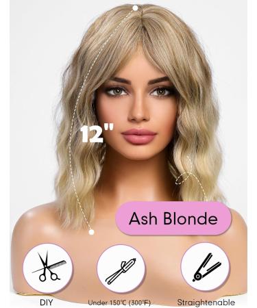 Wokestar Ash Blonde Bob Curly Wig with Fringe - 12 inch Short Synthetic Wavy Wig for Women - Buy Online on GoSupps.com