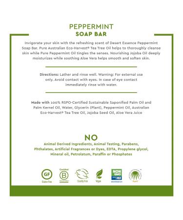 Desert Essence Peppermint Soap Bar - 5 oz (Pack of 2) - Tea Tree Oil, Aloe Vera, Jojoba Oil - Cleanses, Soothes Skin - Invigorating Peppermint Scent - Acne-Fighting Moisturizer - Buy Online on GoSupps.com
