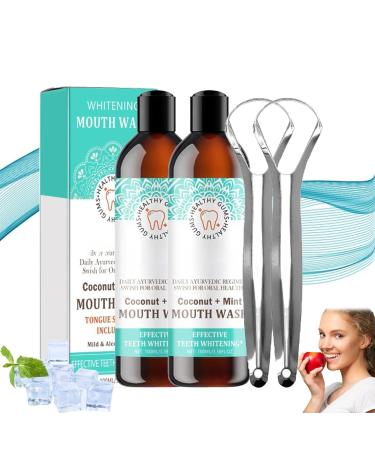 Oralhoe Coconut Mint Mouthwash Oralhoe Mouthwash Mint Oil Pulling Mouthwash with Tongue Scraper Fresh Breath (2 Pcs)