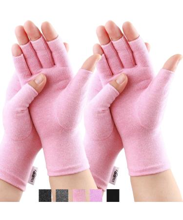 Happymart 2 Pairs Compression Gloves Arthritis Gloves, Fingerless Gloves for Women & Men,Gloves for Rheumatoid & Osteoarthritis (Pink, Medium-2 Pairs) Pink Medium (2 Pair)