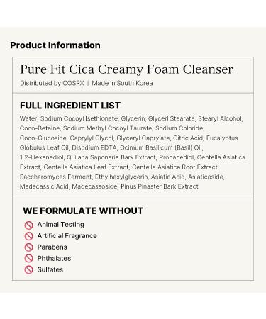 COSRX Pure Fit Cica Creamy Foam Cleanser - 5.07 fl oz | Gentle Cleanser for Sensitive Skin with 91% Natural Centella Complex - Buy Online on GoSupps.com