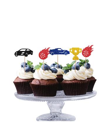 24pcs Race Car Cupcake Toppers Let's Go Racing Themed Party Cake Decor Red&Gold Glitter Race Car Cupcake Picks for Boy's Birthday Racing Sports Baby Shower Party Decoration