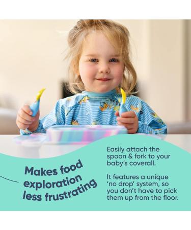 BIBaDO Handi Toddler Cutlery Set - Food Safe Baby Fork and Spoon Set | Utensils for Babies 6 Months+ | Attaches to BIBaDO Coverall Bib | Speedy Dinos - Buy Online on GoSupps.com