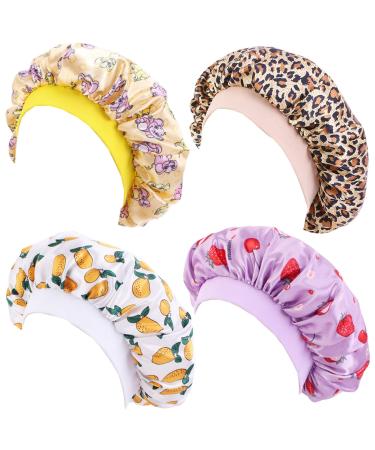 4 Pieces Cute Silk Bonnet Night Sleep Cap for Children Kids Satin Wide-Brimmed Elastic Turban Chemo Hat Girl Boy Hair Care 4pcs Style B
