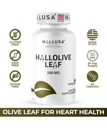 Hallusa Natural Olive Leaf Extract 1000mg per Serving 60 Capsules | Heart Health and Immune Support Supplement | 6% Oleuropein | Fatigue Antioxidant & Digestive Support Non GMO Gluten Free - Buy Online on GoSupps.com