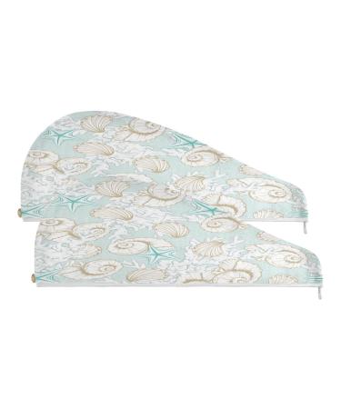 Seashell Dry Hair Cap 2 Piece Quick Drying Towel Set with Button Headband Super Absorbent Soft & Comfortable