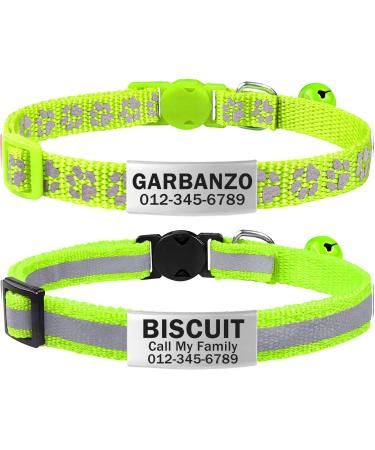 TagME 2 Pack Personalized Reflective Cat Collars Breakaway with Bell, Adjustable Pet Collars for Boy & Girl Cats Kitten Standard 7-12" Green
