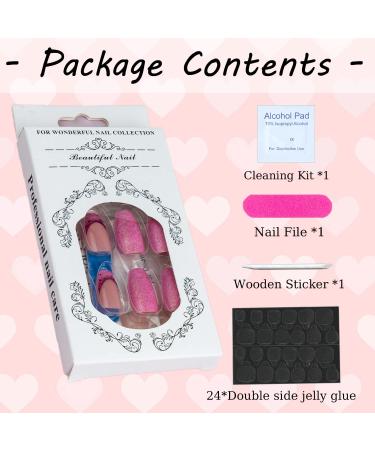 Medium Purple Glitter French Full Cover False Nails - Glossy Crystal Designs | 24PCS Stick on Acrylic Nails with Glue - Women's Static Nails - Buy Online on GoSupps.com