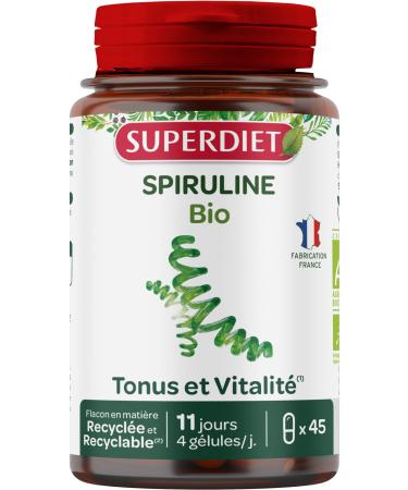 SUPERDIET - ORGANIC SPIRULINA - Tone Vitality Sports Recovery - Herbal Medicine - Made in France - 45 capsules