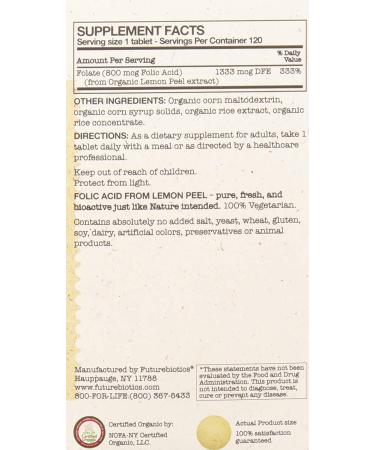 FutureBiotics Folic Acid 800 mcg - 120 Organic Vegetarian Tablets from Lemon Peel - Buy Online on GoSupps.com