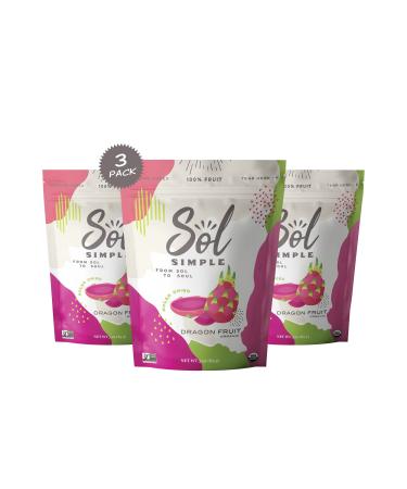 SOL SIMPLE Organic Dried Dragon Fruit | 3oz Snack Pack (3 Bags Total) | One Ingredient | Vegan | Non-GMO | No Added Sugar | Fair Trade
