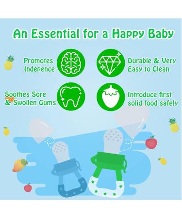 HAOBAOBEI Baby Food Feeder/Fruit Pacifier Teether (2 Pack) with 3 Silicone Pouches - Blue & Green - Buy Online on GoSupps.com