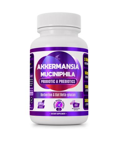 FOLONA Delayed Release Akkermansia GLP-1 Probiotic with Berberine and Soluble Beta-Glucan Prebiotic Fiber 3 Billion AFU, 60 Capsules (2 Months Supply) for Gut Health Support