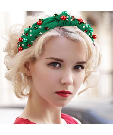 Christmas Headband Pearl Knotted Hair Band with Rhinestone Wide Top Knot Fashion Headband for Women Girls Christmas Hair Accessories (Green) - Buy Online on GoSupps.com