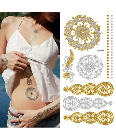 8 Sheets Gold Metallic Temporary Tattoos for Women - Shimmer Designs, Jewelry Fake Tattoo Stickers - Waterproof Body Makeup - Buy Online on GoSupps.com