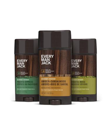 Every Man Jack Men's Deodorant Variety Set - Includes 3 Full-Sized Deodorant Sticks with Clean Ingredients & Incredible Scents - Pacific Cypress Amber + Sandalwood Coastal Moss - 3oz (3 Pack) Amber + Sandalwood Pacific Cypress Coastal Moss - Buy Online on GoSupps.com