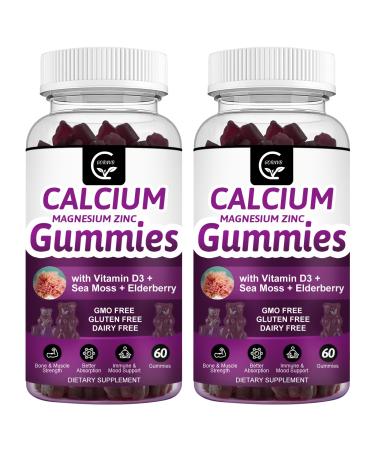 Calcium Magnesium Zinc Gummies with High Absorption Magnesium Glycinate 300mg Potassium - Plant Complex Calcium Magnesium 2:1 Ratio with D3 Sea Moss for Bone Immune & Sleep Support Vegan-2 Pack 60 Count (Pack of 2)