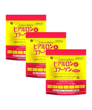 FINE JAPAN Premium Marine Collagen Powder with Hyaluronic Acid CoQ10 & Elastin - Non-GMO - For Skin Hair Joints & Bones Support (210g/7.4oz x Approx. 28 Days Course) Set of 3 3 bags / 90-day course