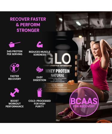 GLO Health Foods Cold-Processed Whey Protein - Salted Caramel Flavor - 24g Protein per Serving - Whey with Digestive Enzymes & BCAAs - Supports Muscle Growth, Strength & Recovery - 2 LB (28 Servings) - Buy Online on GoSupps.com