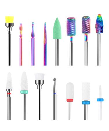 PAIRIER Nail Drill Bits Set 15pcs 3/32" Tungsten Carbide Electric Nail Files Electric Manicure Set for Manicure Pedicure