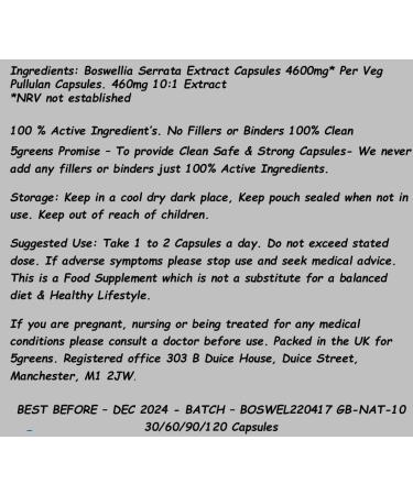 Boswellia Serrata Capsules 10:1 Extract (4600mg Equivalent) | Indian Frankincense | 120 Vegetarian Capsules 4 Month Supply | Joint Care Supplement | Natural Anti INFLAMMATORY | 5greens (120) - Buy Online on GoSupps.com