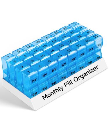 Monthly Pill Organizer 2 Times a Day, 30 Day Pill Box Organizer, One Month AM PM Pill Case Small Compartments to Hold Vitamin and 31 Day Travel Medicine Organizer, 4 Week Pill Cases (Blue)