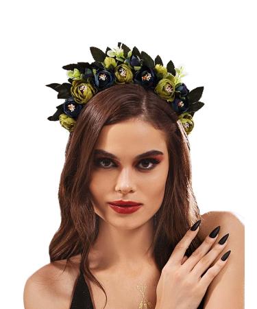 IYOU Flower Headband Floral Dark Blue Headpiece Festival Halloween Hair Accessories for Women and Girls