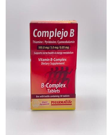 Complejo B (B-Complex) Red Box Vitamin B1 B6 B12 Tablets Dietary Supplement 30 Tablets 1 Month Supply