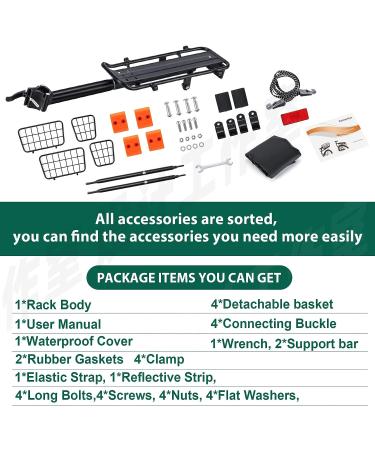 Universal Bike Rear Rack - 165 LB Capacity Aluminum Alloy with Free Bungee Cord & Waterproof Cover - Quick Release Adjustable MTB Bike Basket - Buy Online on GoSupps.com