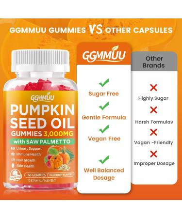 GGMMUU Pumpkin Seed Oil Gummies with Saw Palmetto, 3000mg Per Serving Pumpkin Seed Oil Supplement for Hair Growth, Skin Health, High Pure Extract for Women & Men, Vegan, Raspberry Flavor, 60 Count - Buy Online on GoSupps.com