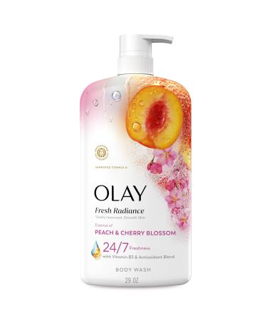 Olay Body Wash for Women Fresh Radiance 24/7 Skin-Loving Freshness Visibly Radiant Plant Based Cleansers Vitamin B3 & Antioxidant Blend For All Skin Types Peach & Cherry Blossom Scent 29 fl oz