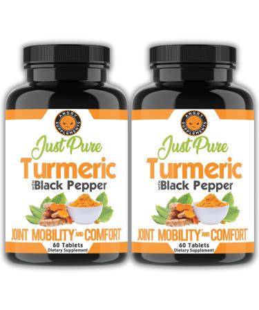 Angry Supplements Just Pure Turmeric Root with Black Pepper Support Comfort Flexibility Blend 2-Pack (120 Vegetarian Tablets Total) 4-Month Supply