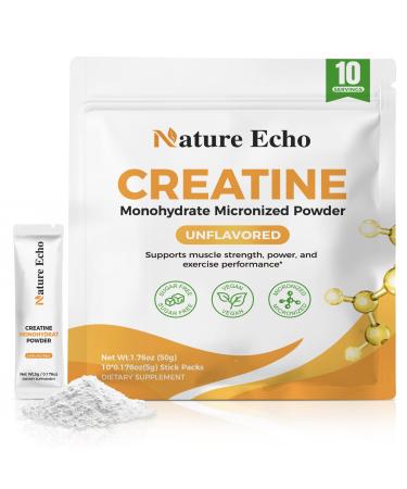 Creatine Monohydrate Micronized Powder - 10 Single-Serve Travel Packs 5g - Clean Unflavored Creatine for Men & Women to Muscle Growth Vegan Gluten-Free no Sugar 1.76 Ounce (Pack of 1)