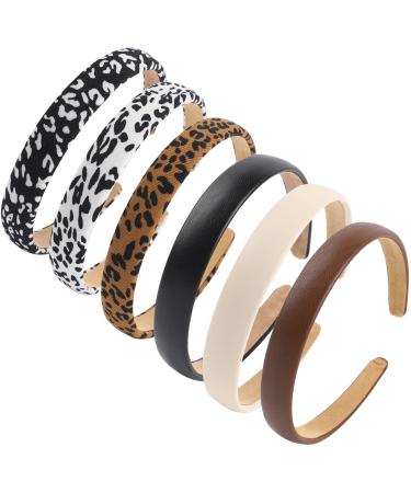 PU Solid Hairband Hair Hoops Leopard Print Headbands Wide Headband for Women Girls Cute Accessories for Women 6 Pack Multicolor