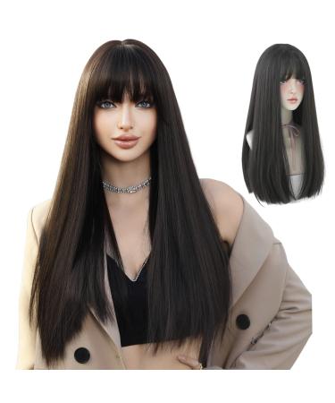 7JHH WIGS Long Straight Wig With Bangs Hair Dye Black Wig for Women Synthetic Natural Black Hair Party And Cosplay Premium Soft Wig(23 inch Black) (23 Black brown)