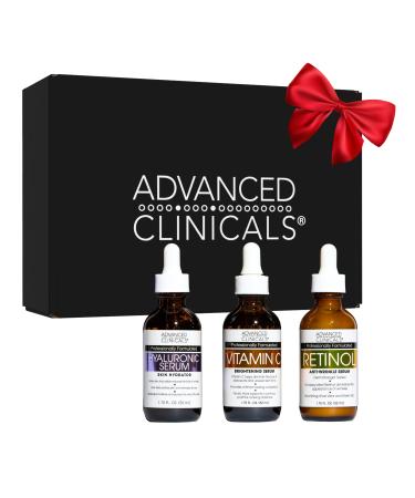 Advanced Clinicals 3 Pack Face Serum Essentials Set | Brightening Vitamin C Firming Retinol & Hydrating Hyaluronic Acid Serum Gift Box | Travel Size Gift For Women | Anti Aging Skin Care Products