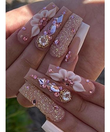 24pcs Gel Flowers Coffin Fake Nail Rhinestone Gel Flowers Press on Nails Trendy Gel Flowers Coffin Nails Luxurious Nails Acrylic Nails Fake Nails For Women Girls