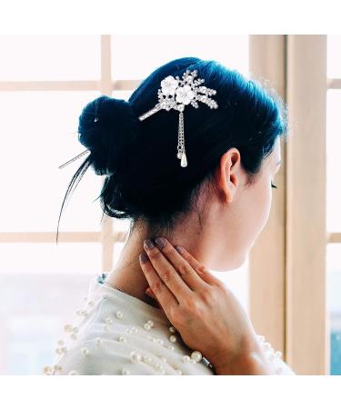 Rhinestone Pearl Flower Hair Stick Set - Vintage Chinese Hair Chopsticks with Tassel - Hair Styling Accessories for Women (Silver) - Buy Online on GoSupps.com