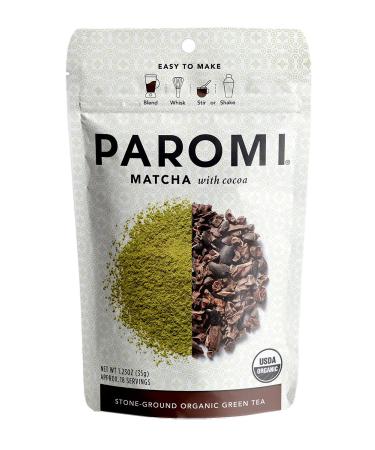 Paromi Tea Matcha With Cocoa 35 Grams, Organic Stone-Ground Organic Green Tea with Organic Cocoa, Serve Hot or Iced, Blend, Whisk, Stir, or Shake into Water or Milk