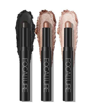 FOCALLURE 3 Pcs Cream Eyeshadow Stick Shimmer Eyeshadow Pencil Crayon High Pigmented Crease-proof Eye Shadow Brightener Stick Sets Long Lasting Waterproof Eye Shadow Highlighter Stick Make up Coral Sea