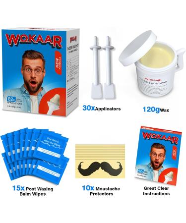 Wokaar Nose Waxing Kit for Men New 120gm Hypoallergenic Wax 30 Applicators Nose & Ear Hair Waxing kit for Women Sanitary & Easy Nostril Waxing Kit. 15 Post Waxing Balm Wipes 15 Mustache Guards - Buy Online on GoSupps.com