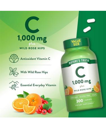 Nature's Truth Vitamin C 1000mg with Rose HIPS Caplets | 300 Count | Vegan Non-GMO & Gluten Free Supplement - Buy Online on GoSupps.com