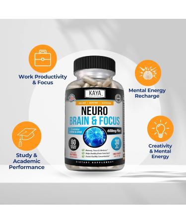 Kaya Naturals - Neuro Brain for Memory & Focus - Nootropic Energy Capsule - Nootropic Brain Support Supplement - Focus & Concentration & Learning Accuracy - Cognitive Function - 60 Count 60 Count (Pack of 1) - Buy Online on GoSupps.com